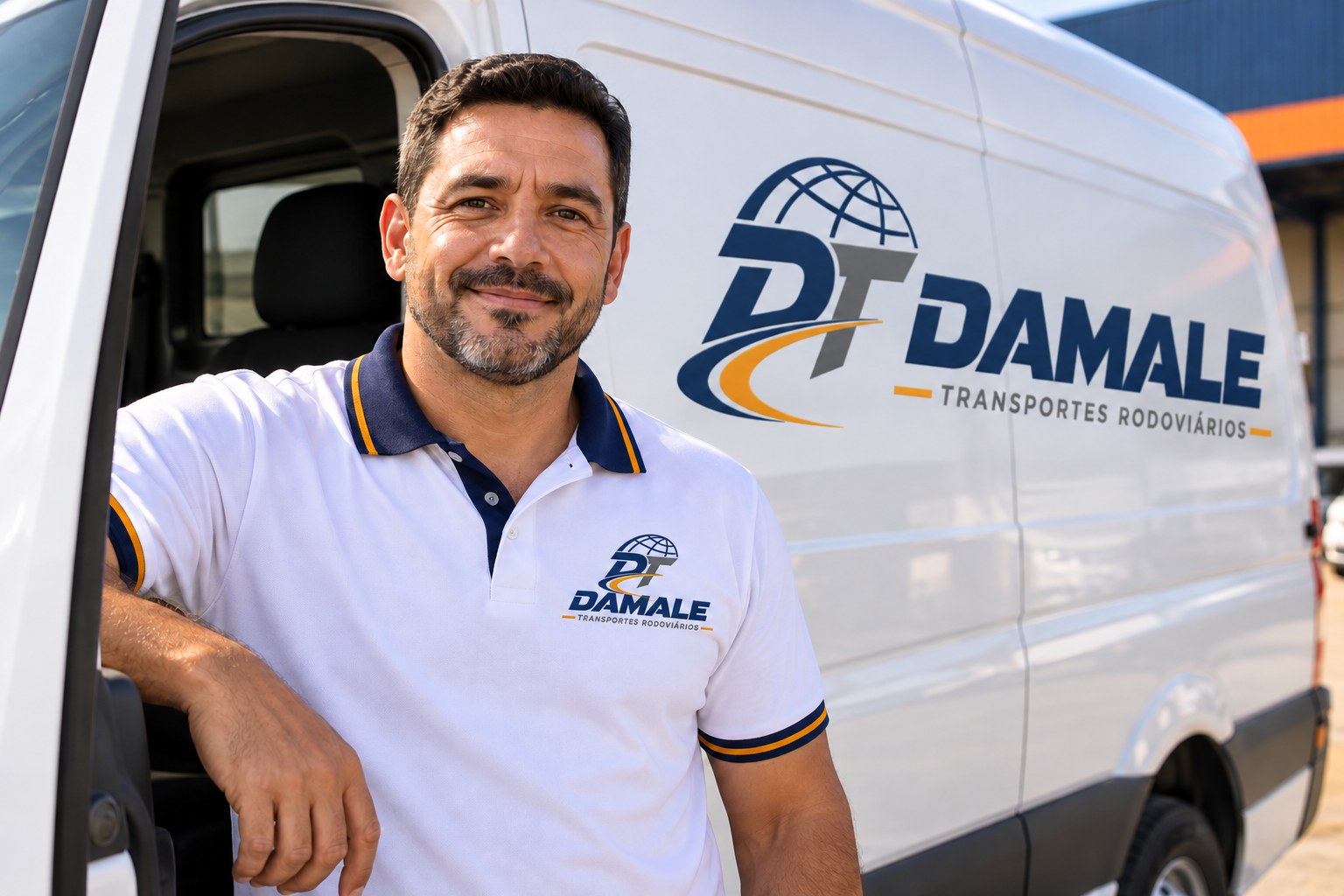 Motorista ao lado de uma van com identidade Damale