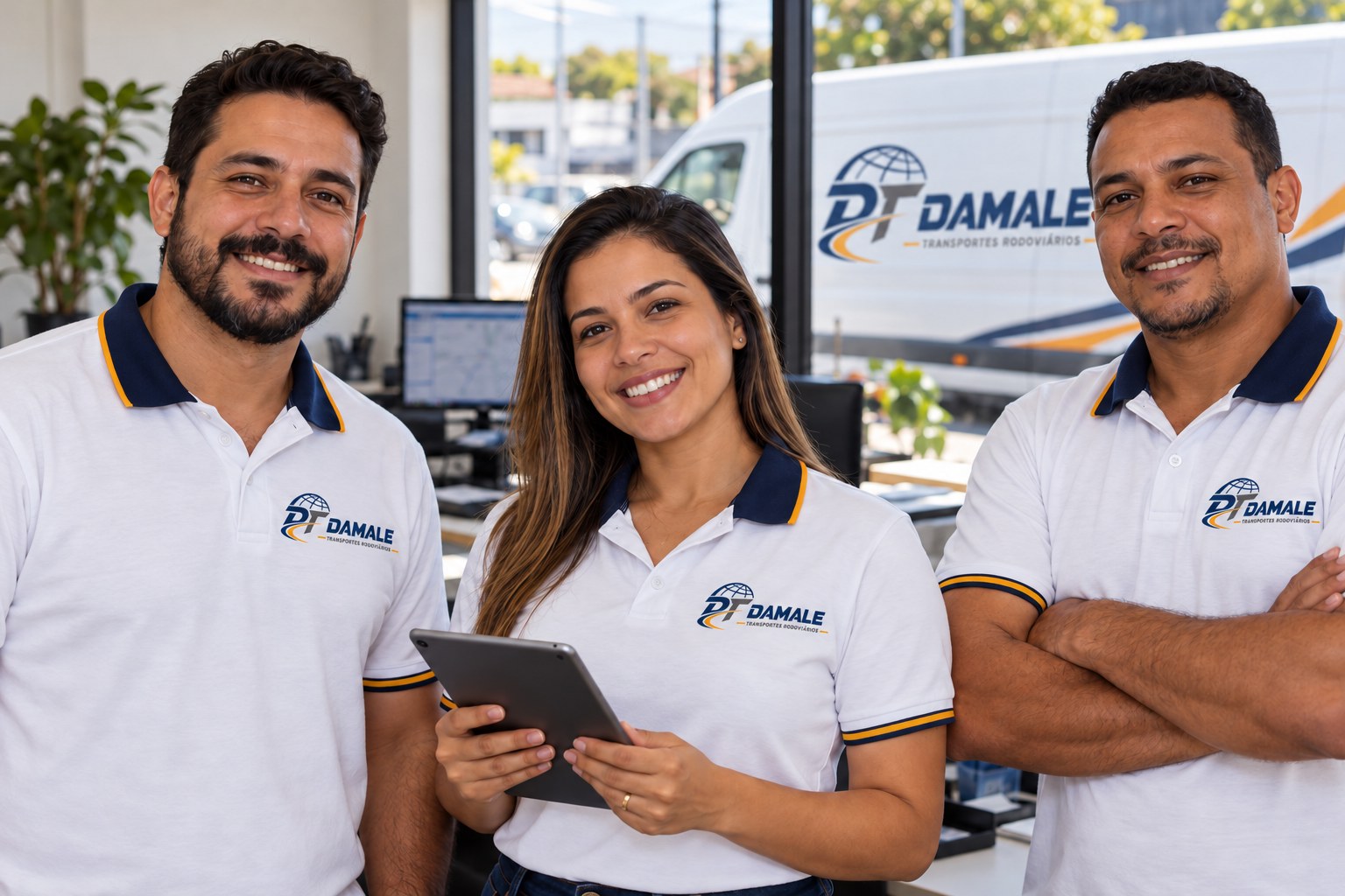 Equipe com uniformes Damale em imagem institucional ilustrativa